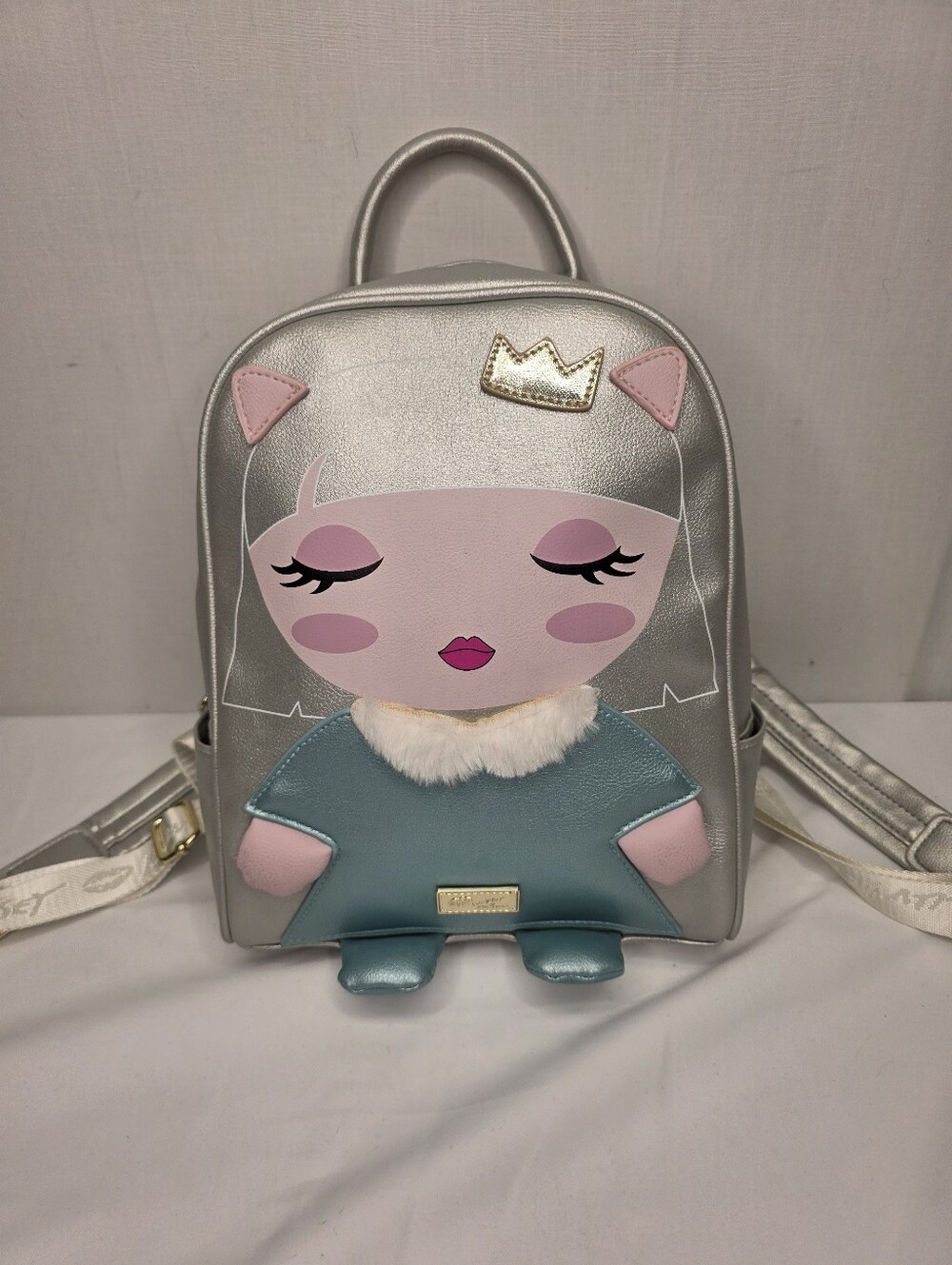Luv Betsey Johnson Metallic Silver Princess Mini Backpack Faux Fur /Crown